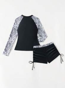 Swim SPRTY Summer New Cross-Border Stylish Long Sleeve Rash Guard & Drawstring Waist Bottoms 2 Pieces Swimwear For Women, Paisley Print, Conservative & Slimming, Sports & Beach Vacation