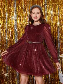 Teen Girl Round Neck Metallic Yarn Ruffle Sleeve Knit Dress - Red - View 1