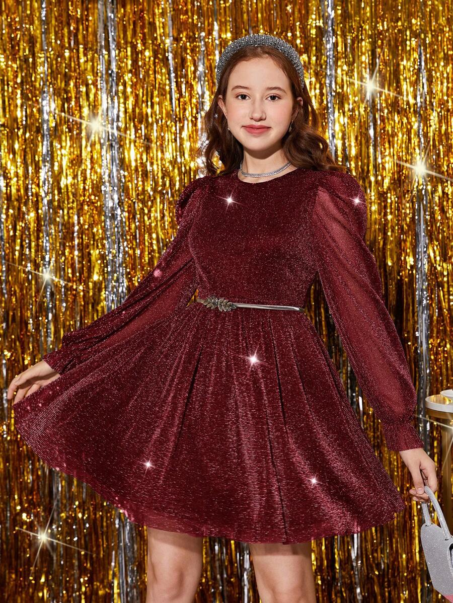 Teen Girl Round Neck Metallic Yarn Ruffle Sleeve Knit Dress - Red - View 1