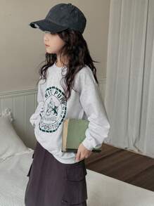 DAZY 青少年女孩字母印花圆领长袖休闲运动衫，返校服装 - 灰色 - 查看 3