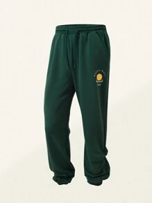 SHEIN Explorewe 1pc Retro Teenager Boy American Style Basketball Graphic College Knit Sports Sweatpants, Versatile Vintage Look - Dark Green - View 7