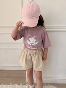 DAZY 2pcs Young Girl Round Neck Short Sleeve Printed Simple Top And Shorts Set,Girls Summer Outfits - Purple - View 7
