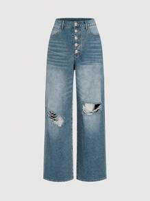 SHEIN MOD Jeans de mezclilla azul desgastados de pierna recta de estilo casual para mujeres