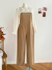 Soleia Plus Size Women's Corduroy Embroidery Trim Bib Overall Pants, Suitable For Spring, Autumn, And Winter - Apricot - View 3