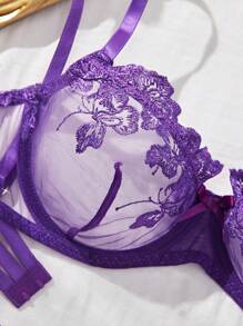 2pcs Purple Elegant Embroidered Floral Sheer Sexy Lingerie Set - Purple - View 5
