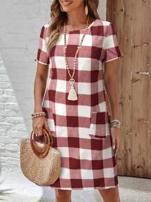 EMERY ROSE Damen Kurzarm Rundhals-Kleid mit Karo-Muster und 2 Taschen, Lässig-Stil