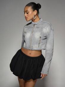 MISSGUIDED Streetwear Moto Racing Inspired Cropped Denim Trucker Jacket With Zip Details High Fashion Statement Piece Fall Winter Collection - Light Grey - View 4