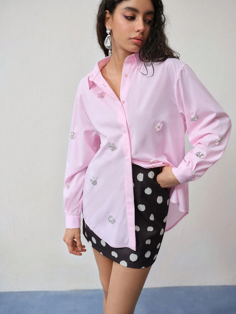 MOTF STUDIO SEQUIN FLORAL PATCHED BUTTON UP SHIRT, OVERSIZED SHIRT, VALENTINE'S DAY