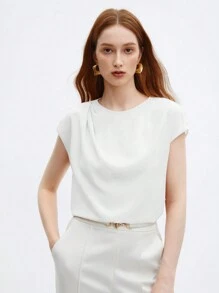 BizChic Women's Solid Color Round Neck Pleated Decor Loose Cap Sleeve Top, Basic Urban Commute Style, Simple Elegant Fashion Business Casual , Suitable For Teachers And Office Wear