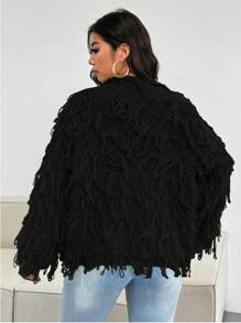 Celure Plus Size Open Cardigan Long Sleeve Fringe Decor Casual Loose Top - Black - View 2