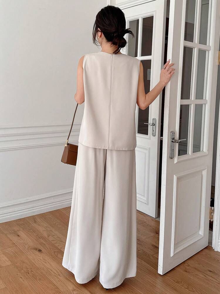 2pcs/Set Solid Color Round Neck Sleeveless Split Back Camisole Top And Wide Leg Pants Suit For Women Work Women Clothes