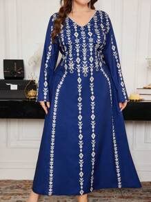 Modelyn Plus Size Retro Pattern Lace-Up Elegant Princess Hem Dress - Blue - View 4