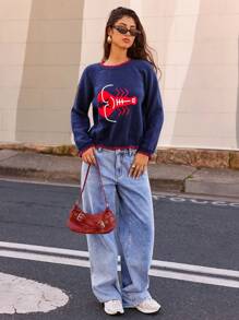 Forever 21 Winter New Round Neck Contrast Color Jacquard Lobster Pattern Casual Versatile Sweater Long Sleeve Tops Sweater New Years Women Outfit Y2k Clothes