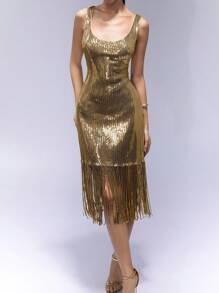 Aveloria Affinna Vestido ajustado sin mangas con lentejuelas y adornos con flecos para el Día de San Valentín para mujer, primavera/verano