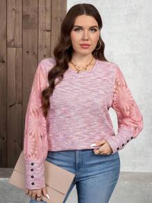 SHEIN LUNE Plus Size Ziua Îndrăgostiților Femei Vară Dantela Mâneci lungi Patchwork Roz Top Femei - Roz - Vizualizare 8