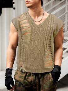 Manfinity EMRG Men Solid Color Ripped Knit Sweater Vest - Khaki - View 3