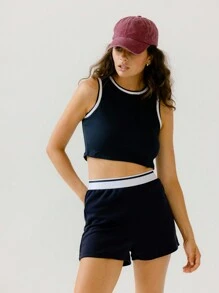 Aralina Leisurewear Racer Shape Tank With Stripe Elastic Waistband Short Set