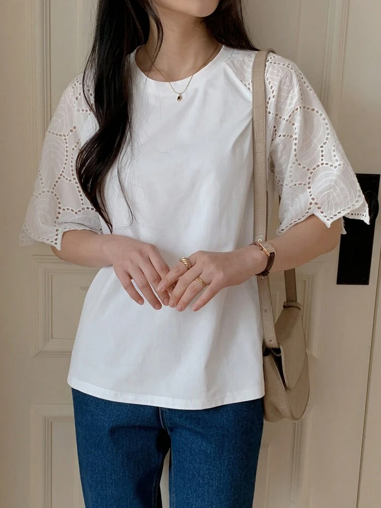 Women's Solid Color Lace Patchwork Short Sleeve T-Shirt, Casual And Fashionable For Daily Wear