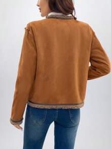 SHEIN LUNE Casual Deer Plush Faux Fur Thick Contrast Color Snap Button Decor Women Faux Leather Jacket