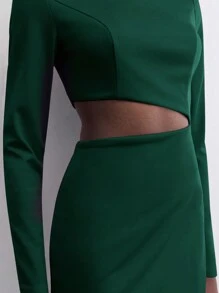 Maija 女士优雅镂空圆领长袖绿色中长连衣裙，适合节日、派对、百搭合身、早春穿着