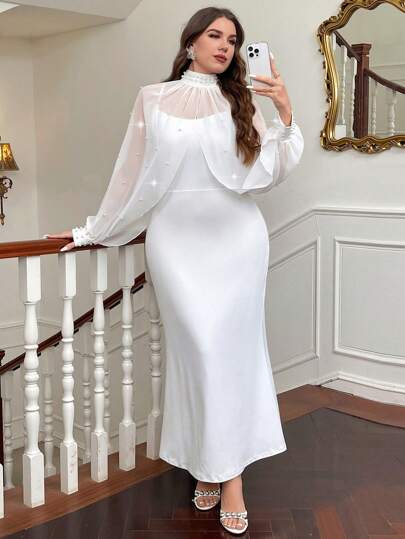 SHEIN Privé 珍珠吊带连衣裙-白色情人节连帽斗篷长款白色浪漫婚礼季鱼尾裙
