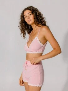 Aralina 超柔软粉色罗纹蕾丝边针织细肩带文胸和抽绳短裤套装（含头带） - 粉色 - 查看 6