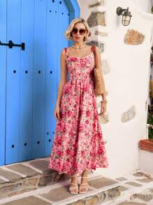 Vivid Eden Printed Backless Drawstring Strap Women's Vacation Dress