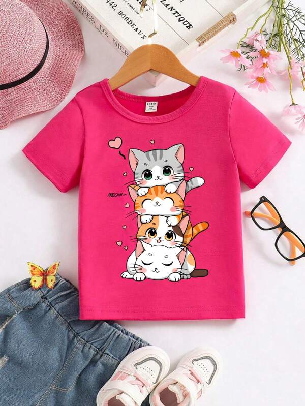 Young Girl Cute Cartoon Cat Print Casual T-Shirt, Suitable For Outdoor Activities