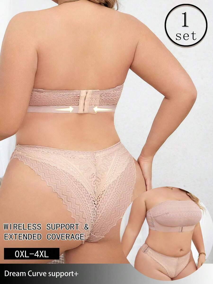 2 Stücke Spitze BH-Set mit Trägerlosen, Drahtlosen, Groß Größen Lingerie - Aprikosenfarben - Übersicht 1