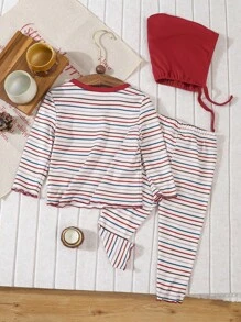 SHEIN 2 Pieces Baby Girl Striped Casual Long Sleeve Top And Long Pants Homewear Set
