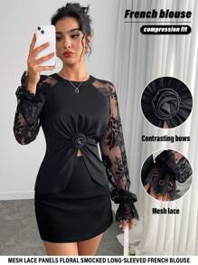 Chiquease Blusa de estilo francés para mujer con mangas largas, bordado floral, recortes de encaje y volantes