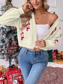 SHEIN Unity Christmas Atmosphere Vintage Fluffy 3D Snowman Graphic Casual Loose Short Sweater Coat, Autumn/Winter Fall Cloth For Women - Beige - View 5