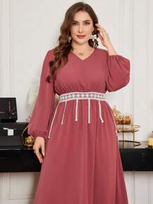 Modelyn Plus Size Flowing Ruffled Waistband Cinching A-Line Dress, Elegant Spring/Summer - Red Violet - View 5