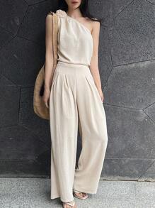 DAZY 2pcs/Set Women 3D Floral Decor Sleeveless Crop Top And Wide Leg Pants Set - Apricot - View 1