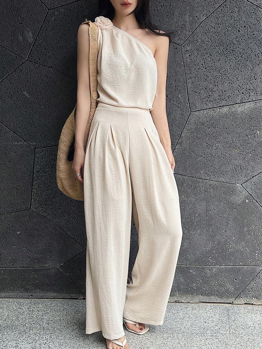 DAZY 2pcs/Set Women 3D Floral Decor Sleeveless Crop Top And Wide Leg Pants Set - Apricot - View 1