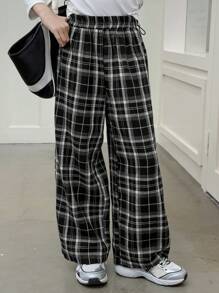Dazy Kids ティーンガールズ用 伸縮性のあるウエスト タータンチェック ワイドレッグ カジュアルパンツ、学校に戻る服 - ブラック - チェックする 1