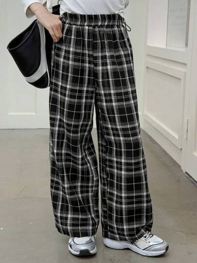 Dazy Kids Tween Girls Elastic Waist Plaid Wide Leg Loose Casual Pants,Back To School Clothes