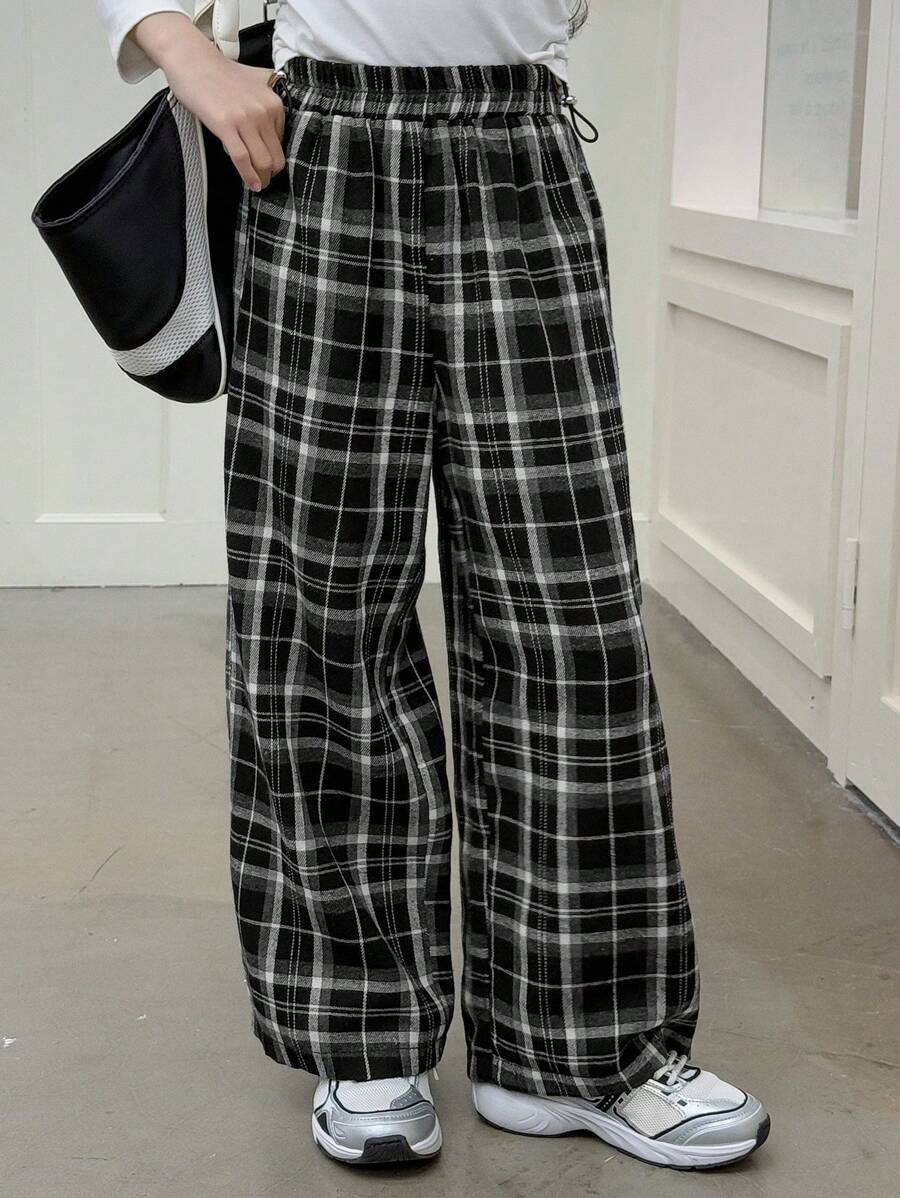 Dazy Kids ティーンガールズ用 伸縮性のあるウエスト タータンチェック ワイドレッグ カジュアルパンツ、学校に戻る服 - ブラック - チェックする 1