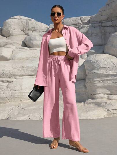 SHEIN LUNE 2pcs Women Casual Solid Color Loose Blouse & Pants Set Fall Cloth For Women