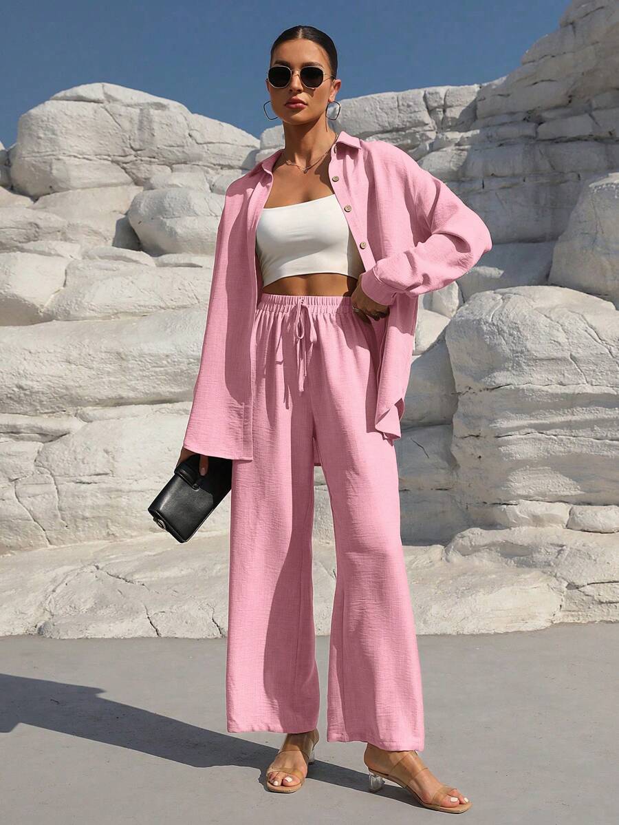 SHEIN LUNE 2pcs Women Casual Solid Color Loose Blouse & Pants Set Fall Cloth For Women