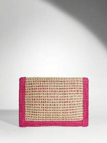 SHEIN BAE Woven Evening Clutch Bag For Women, Fashionable Minimalist Solid Color Large Wallet, Suitable For Summer Travel And Vacation, Straw Wallet, Straw Beach Bag, Beach Essentials, Beach Supplies, And Summer Necessities, Most Suitable For Beach Atmosphere - Hot Pink - View 7