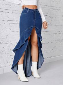 EMERY ROSE Fashionable Ruffled High Slit Denim Skirt - Dark Wash - View 5