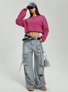 StreetHx Women's Solid Color Round Neck Loose Boxy Cropped Washed Sweatshirt Pullover Fall Sweatshirt - Hot Pink - View 3