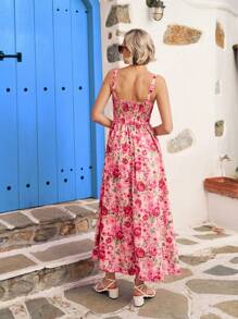 Vivid Eden Printed Backless Drawstring Strap Women's Vacation Dress