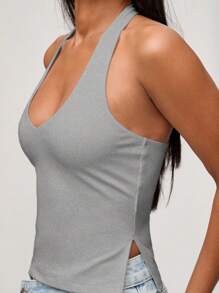 SHEIN BASICS Casual Solid Color Knit Halter Top For Women - Grey - View 8