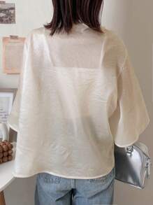 FRIFUL 女士杏色宽松衬衫，开衩袖设计，商务休闲夏季 - 杏色 - 查看 5