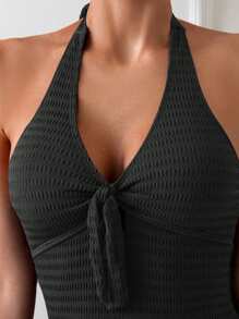 Swim Basics 夏季女士纯色前打结吊带连体泳衣，适合海滩度假 - 黑色 - 查看 3