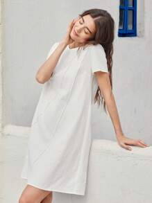 EMERY ROSE 女士短款休闲牙签褶圆领短袖白色连衣裙，春夏