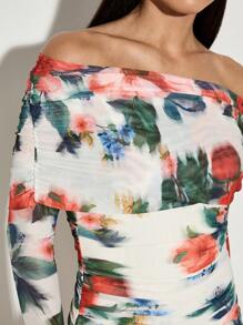AiiRZ Off Shoulder Floral Printed Mesh Mini Dress Valentines - Multicolor - View 4