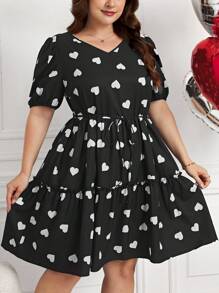 SHEIN Clasi Plus-Size Elegant Love Print Valentine's Day Puffy Sleeve Heart Print Dress, Summer Outfits For Women